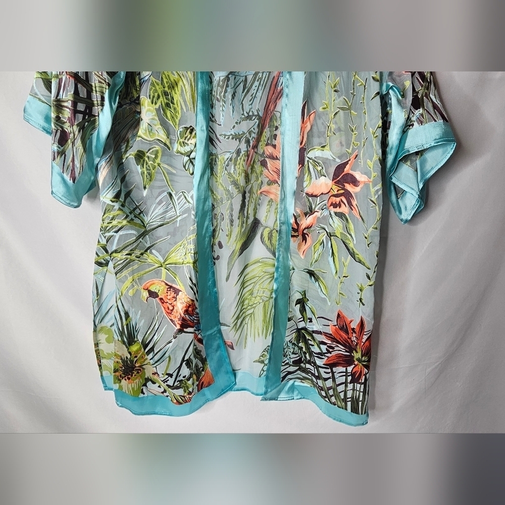 Chicos Tropical Parrot Ruana Multi-Colored Aqua Semi-Sheer Kimono Size S/M - Picture 3 of 9